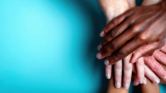 A diverse group of human hands stacked together showcases unity and solidarity, representing the harmony between different cultures and the beauty of collaboration.