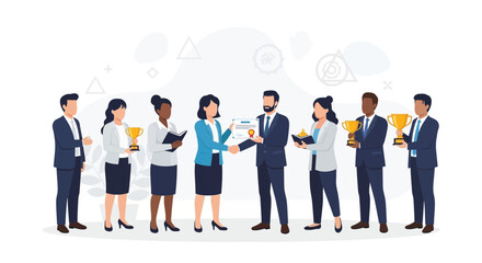 Obraz premium Diverse business people receive awards, certificates, and trophies, celebrating achievement and success in a modern flat illustration.