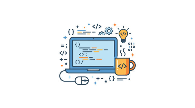 A flat vector illustration of a laptop computer with code on the screen and a coffee mug.