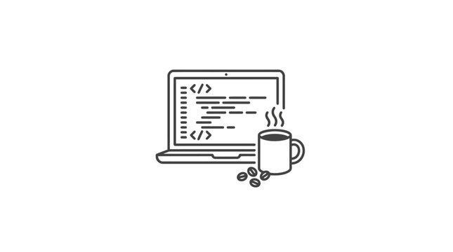 A minimalist line art illustration of a laptop displaying code with a steaming coffee mug and coffee beans.