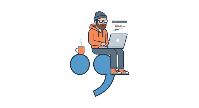 A bearded programmer sitting on a large blue semicolon symbol while working on a laptop.