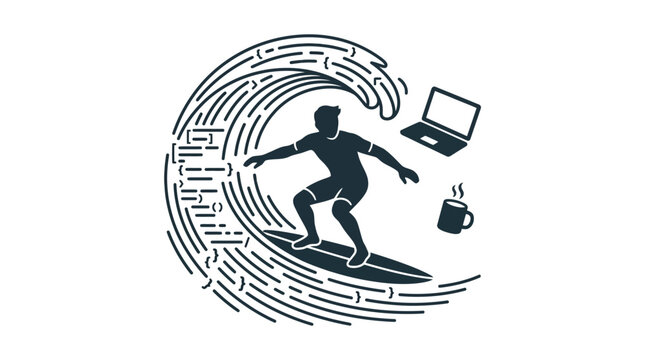 A stylized illustration of a programmer surfing on a wave made of code.