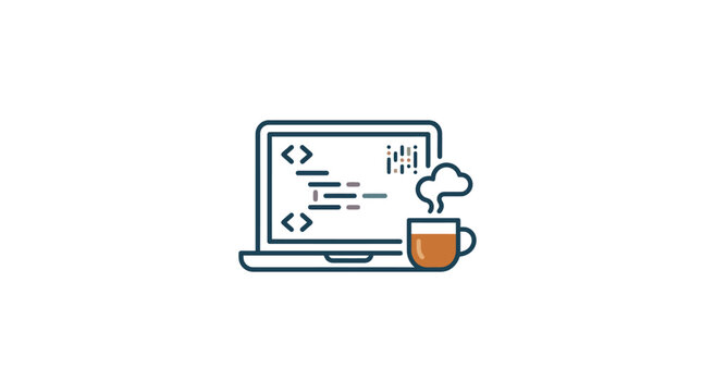 A stylized laptop computer displaying programming code with a steaming cup of coffee.
