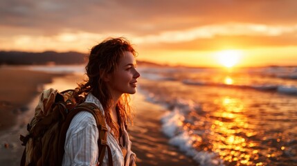 Fototapeta premium An adventurous traveler stands on the beach, soaking in the stunning sunset view, epitomizing the spirit of exploration, freedom, and connection with nature's beauty.