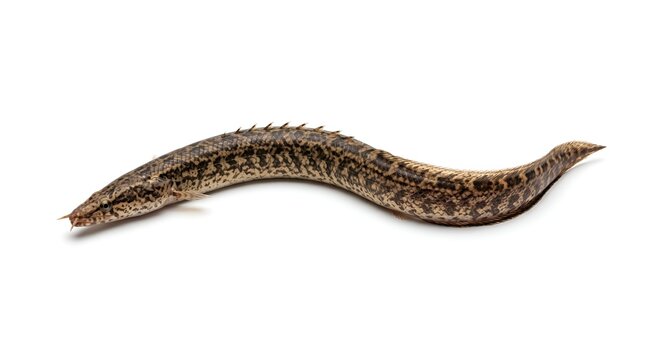Close up of a spotted bichir fish isolated on a white background.