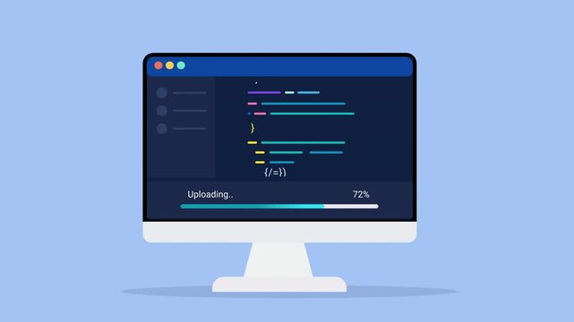 Animated flat vector illustration of a desktop monitor displaying source code, updating status, and progress tracking. Modern software maintenance and programming workflow concept.