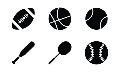 Fototapeta premium Sports balls and equipment black silhouette icon set, athletic items.