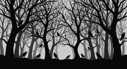 Eerie forest scene with silhouetted crows in monochrome vector illustration, perfect for a spooky or mysterious theme © Salis