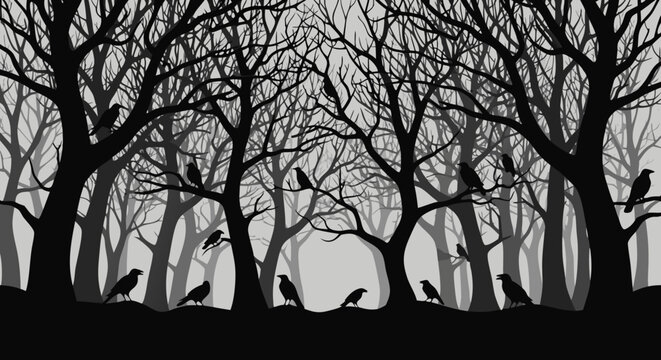 Eerie forest scene with silhouetted crows in monochrome vector illustration, perfect for a spooky or mysterious theme