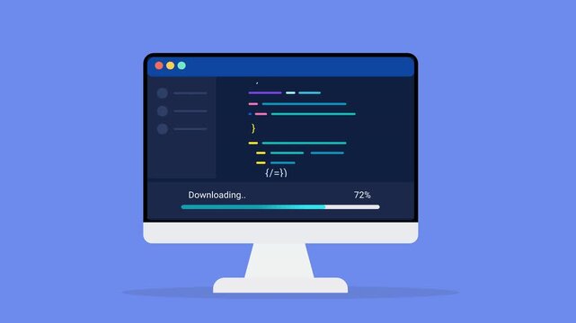 Animated flat vector illustration of a desktop monitor displaying source code, downloading status, and progress tracking. Modern software delivery and programming workflow concept.
