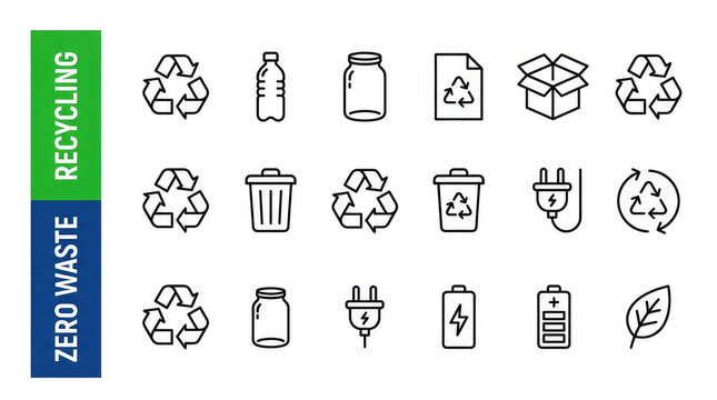 Set of black line icons representing various recycling concepts and zero waste sustainable living practices