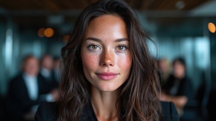 Obraz premium A poised young woman with freckles displays confidence in a modern office environment, radiating professionalism and approachability amid a well-lit, focused setting.