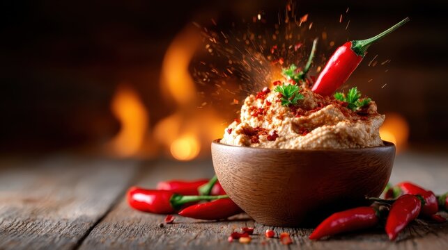 A bowl of spicy hummus garnished with a red chili sits on a rustic wooden table, creating an inviting scene that tempts taste buds and celebrates culinary art.
