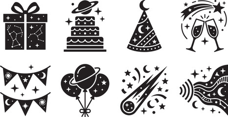 Cosmic space theme birthday party solid glyph icon set © Syed Radif