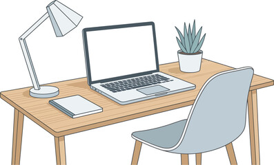 Fototapeta premium Desk setup includes a laptop, lamp, notebook, and plant for a productive workspace.