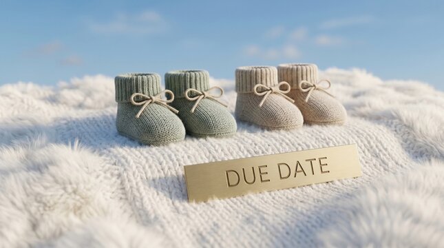 Two pairs of knitted baby booties with a golden due date sign on a soft white blanket under a clear blue sky for pregnancy announcement
