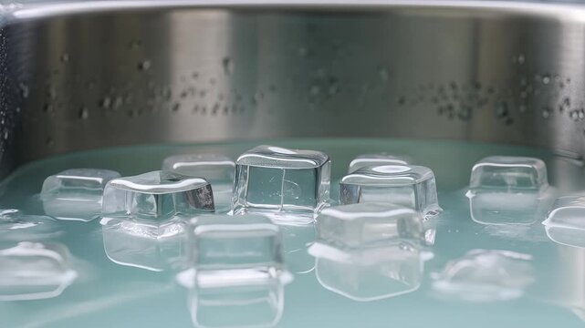 Ice cubes floating in water inside a metal tub for a cold plunge. 4K Video