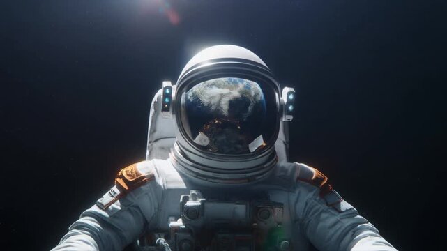宇宙空間に浮かぶ宇宙飛行士のヘルメットと反射する地球