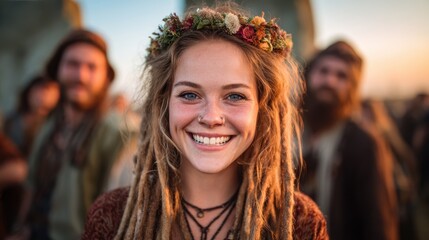 Obraz premium A vibrant woman smiling joyfully in an outdoor setting, adorned with a flower crown and embracing a spirit of freedom and connection with nature.