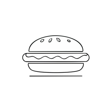 Simple line art hamburger with sesame seeds on bun and wavy sauce detail