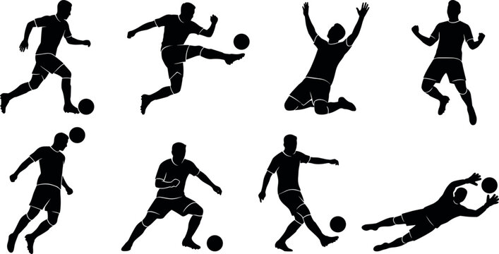Soccer Player Black Silhouette Set Featuring Footballers Kicking Heading Dribbling and Goalkeeper Diving for Team Sports Tournament Action Graphic Design ElementsSoccer Player Black Silhouette Set Fea