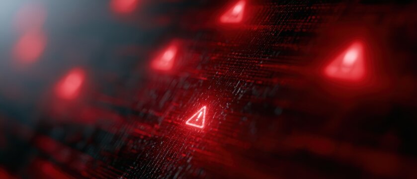 Red emergency warning icons integrated into a futuristic cybersecurity dashboard, emphasizing proactive monitoring, system vulnerabilities, and threat escalation management