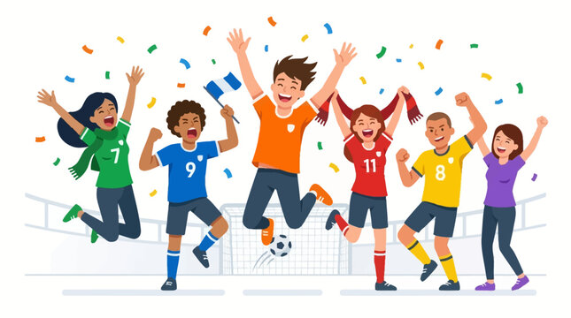 Diverse happy football fans celebrating a victory, jumping high with excitement and confetti, showcasing team spirit
