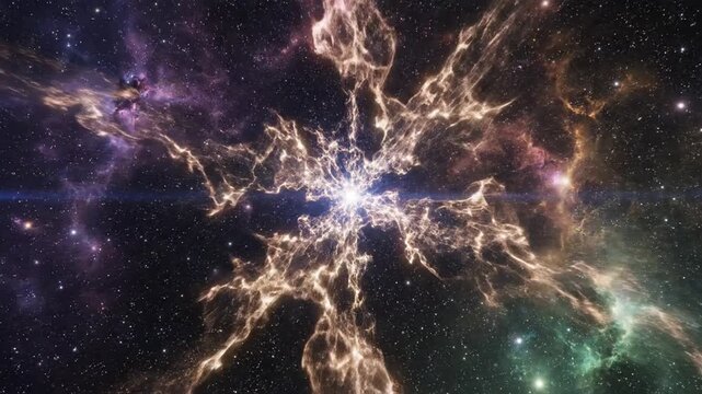 Cosmic Energy Blast Expanding Through Colorful Nebula in Deep Space