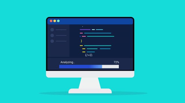 Animated flat vector illustration of a desktop monitor displaying source code, analysis status, and progress tracking. Modern software development, code inspection, and programming workflow concept.