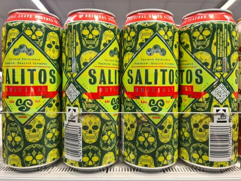 Hamburg, Germany - 06. June 2026: Salitos Original beer cans displaying sugar skull design