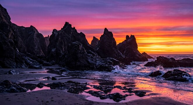 Vibrant coastal sunset with dramatic rock formations, reflecting brilliant purple, pink, and orange hues across the serene ocean and tranquil sandy beach