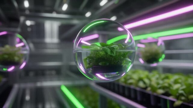 未来の無重力空間で透明な球体に浮かぶ緑の植物の葉