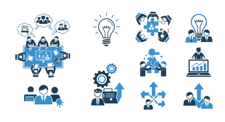 Fototapeta premium This vector features a collection of professional blue and black icons representing business concepts like teamwork, strategy, and ideas.