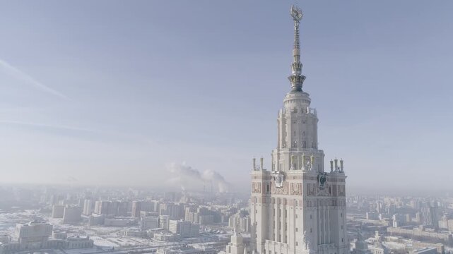 Drone ascending near Moscow State University tower