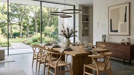 Fototapeta premium Modern dining room with large window, natural wood furniture and garden view