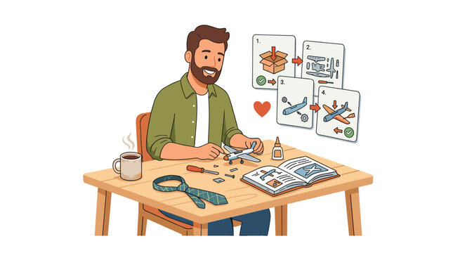 Man building model airplane with instructions and coffee
