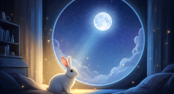Cute white rabbit sitting on bed looking out round window at full moon starry night.