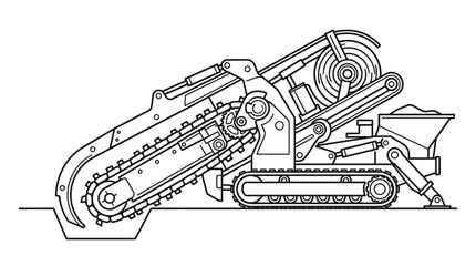 Obraz premium Industrial Trench Excavator Machine Line Art Vector