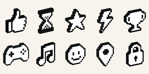 Pixel Art Icons: A set of retro-style pixel art icons depicting various elements like a thumb, hourglass, star, lightning bolt, trophy, game controller, musical note, smiley face, map pin, and lock. © Gwith Boss