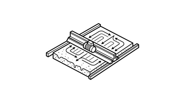 Isometric technical illustration of vibration screed on concrete rails
