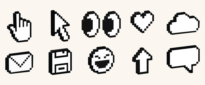 Pixelated icons: A collection of retro pixel art icons including a hand cursor, arrow cursor, two eyes, heart, cloud, envelope, floppy disk, smiley face, up arrow.