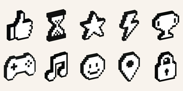 Pixel Art Icons: A set of retro-style pixel art icons depicting various elements like a thumb, hourglass, star, lightning bolt, trophy, game controller, musical note, smiley face, map pin, and lock.