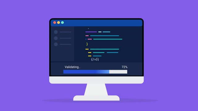 Animated flat vector illustration of a desktop monitor displaying source code, validation status, and progress tracking. Modern software testing and programming workflow concept.