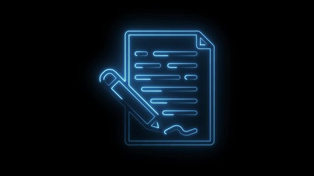 Neon blue outline of a document with lines of text and a pencil signing a signature on a icon