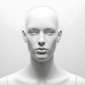 Smooth white female mannequin head isolated against a clean and bright minimalist studio lighting background setup