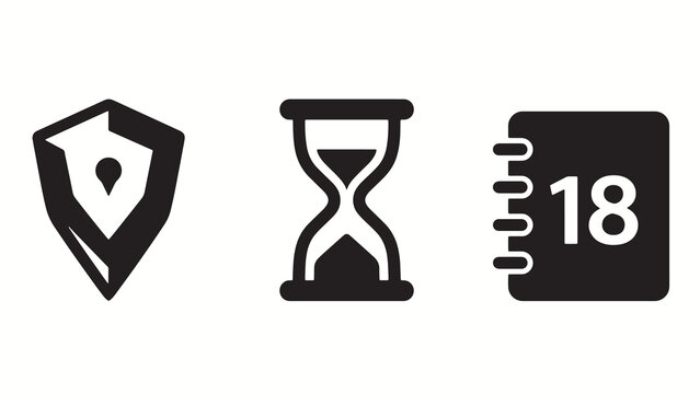Black icons of shield with pen nib hourglass and spiral notebook with number 18 symbolizing protection time and organization