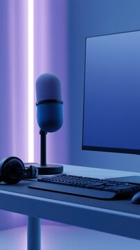 An influencer streaming desk illuminated by RGB lights, microphones and futuristic creator setup styling