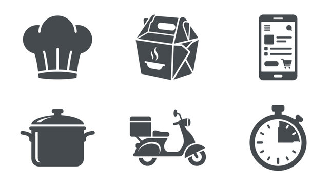Food delivery service icons chef hat pot takeout box scooter phone sto