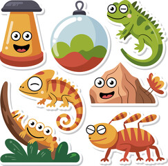 Fototapeta premium Exotic Zoo Reptile House And Tropical Amphibian Wildlife, Funny Green Iguana And Slithering Snake Mascot Sticker Sheet Vector