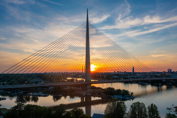 Obraz premium Ada Bridge at Sunset Over the Sava River in Belgrade, Serbia